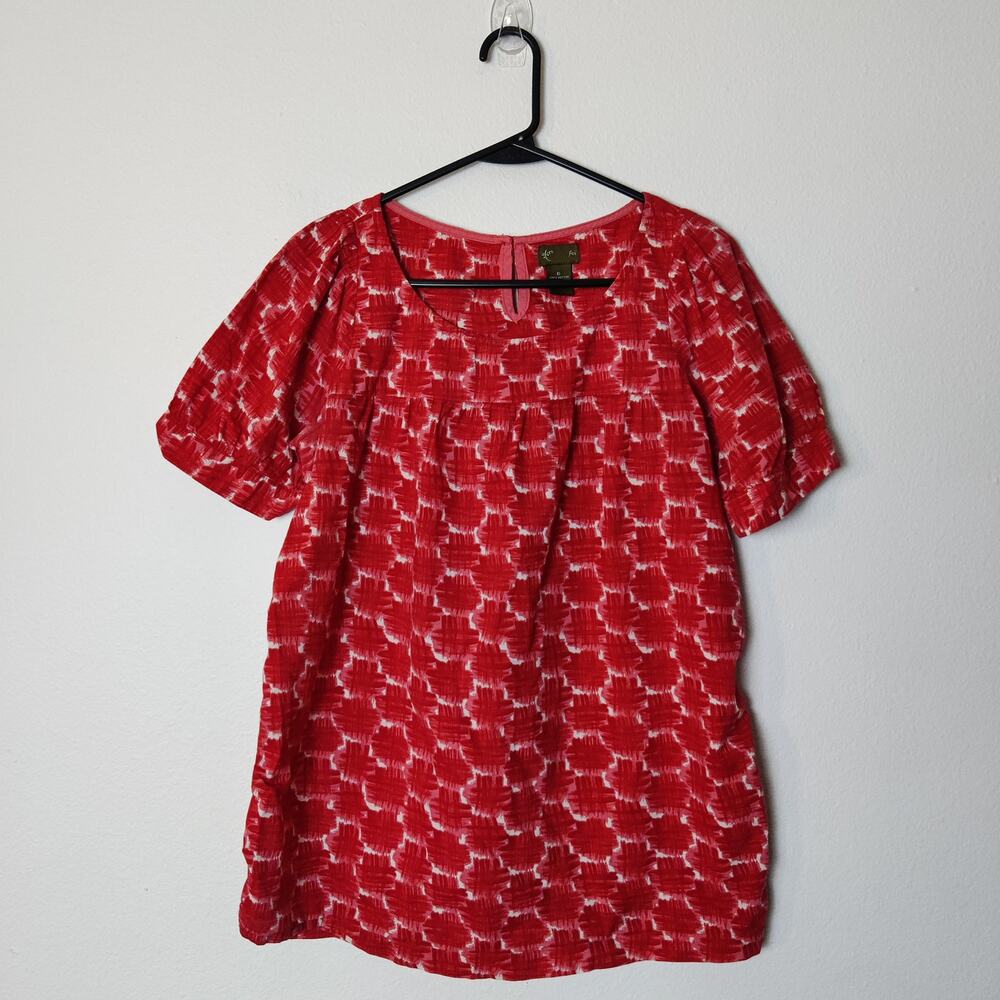 Vtg Y2K Anthropologie Fei Boho Red Block Print Short Sleeve Blouse 6 Peasant Top